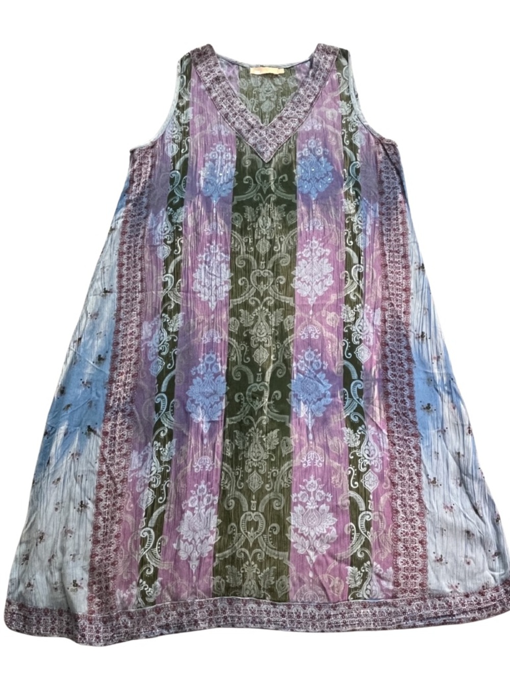 LA Cera Medium Jacobean Sleeveless Midi Dress Boho Floral Print Purple and Blue